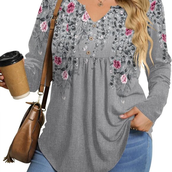 Womens Plus Size Long Sleeve Shirts Fall Tunic Top V-neck T-Shirt Button Up Dres - Picture 1 of 4